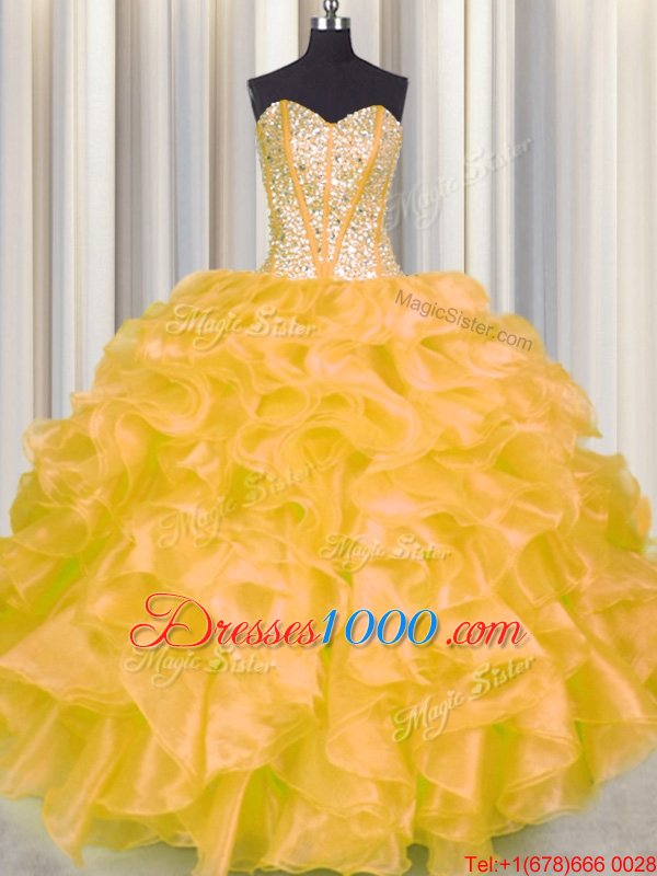 Gold Organza Lace Up Sweetheart Sleeveless Floor Length Quinceanera Gown Beading and Ruffles