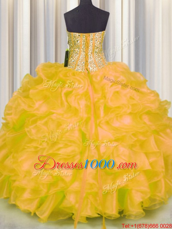 Gold Organza Lace Up Sweetheart Sleeveless Floor Length Quinceanera Gown Beading and Ruffles