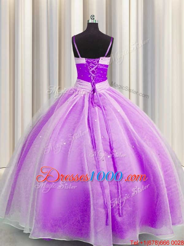Spaghetti Straps Floor Length Lilac Sweet 16 Dresses Organza Sleeveless Beading and Sequins and Ruching