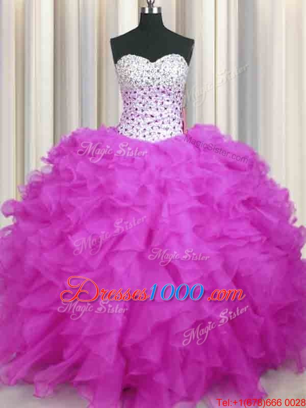 Graceful Fuchsia Sweetheart Lace Up Beading and Ruffles Quinceanera Gowns Sleeveless