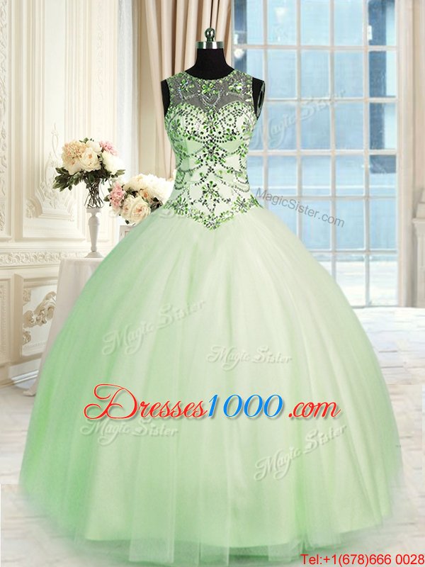 Eye-catching Scoop Beading Quinceanera Dress Apple Green Lace Up Sleeveless Floor Length