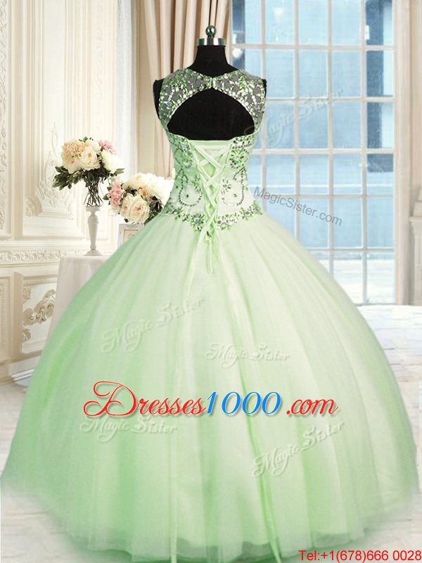 Eye-catching Scoop Beading Quinceanera Dress Apple Green Lace Up Sleeveless Floor Length