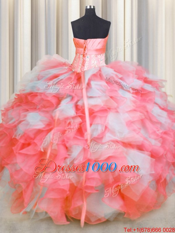 Pink And White Ball Gowns Beading and Ruffles and Hand Made Flower Quince Ball Gowns Lace Up Organza Sleeveless Floor Length