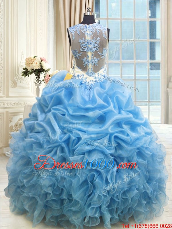 Scoop Sleeveless Sweet 16 Quinceanera Dress Floor Length Beading and Ruffles Baby Blue Organza