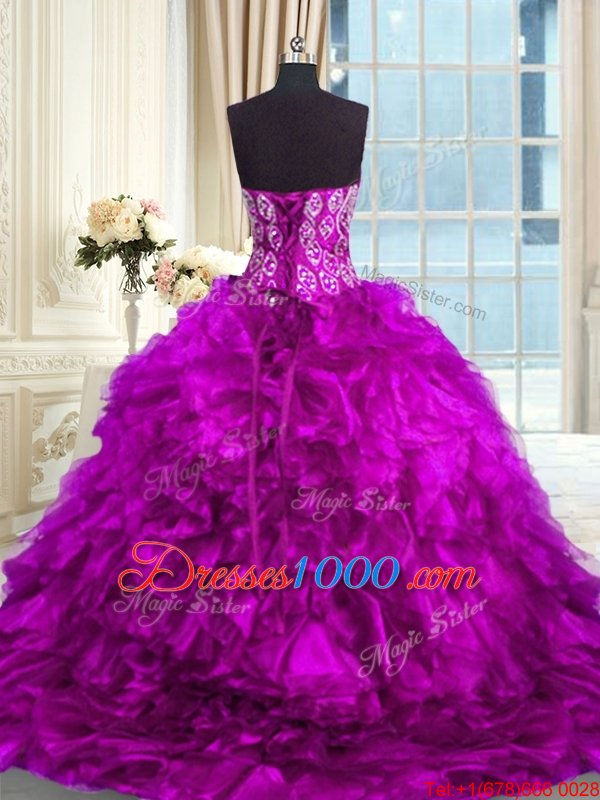 Exquisite Organza Sweetheart Sleeveless Brush Train Lace Up Beading and Ruffles Sweet 16 Dresses in Purple