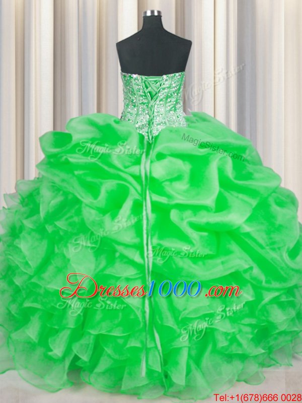 Sleeveless Floor Length Beading and Ruffles Lace Up 15th Birthday Dress with Green