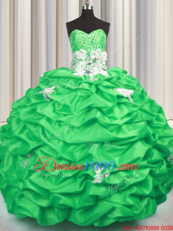 Modern Sleeveless With Train Appliques and Sequins and Pick Ups Lace Up Ball Gown Prom Dress