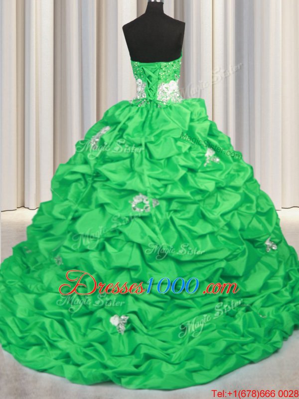 Modern Sleeveless With Train Appliques and Sequins and Pick Ups Lace Up Ball Gown Prom Dress