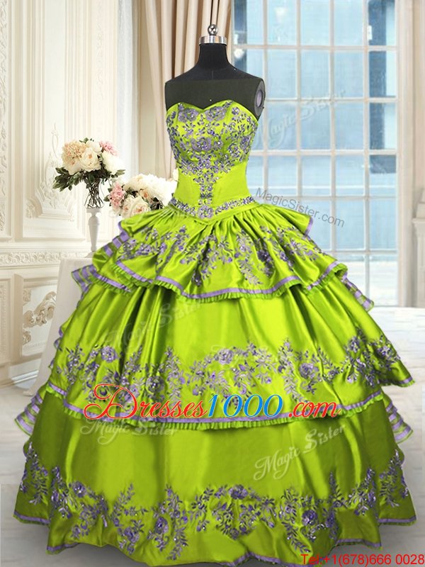 Stylish Sweetheart Sleeveless Sweet 16 Quinceanera Dress Floor Length Embroidery and Ruffled Layers Yellow Green Taffeta
