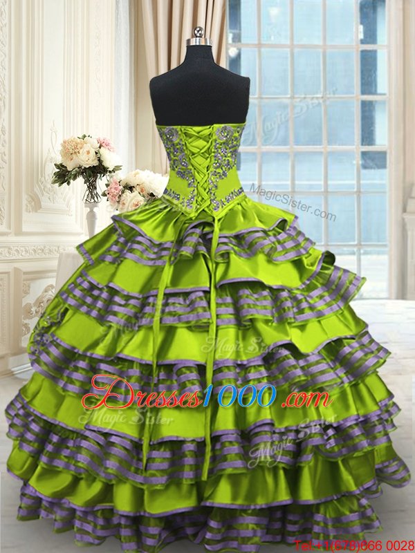 Stylish Sweetheart Sleeveless Sweet 16 Quinceanera Dress Floor Length Embroidery and Ruffled Layers Yellow Green Taffeta