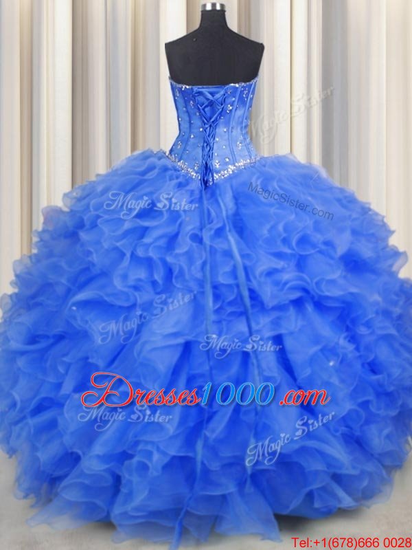 Sweet Royal Blue Sleeveless Floor Length Beading and Ruffles Lace Up 15 Quinceanera Dress