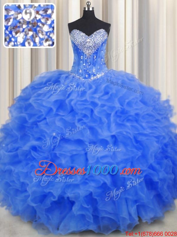 Sweet Royal Blue Sleeveless Floor Length Beading and Ruffles Lace Up 15 Quinceanera Dress