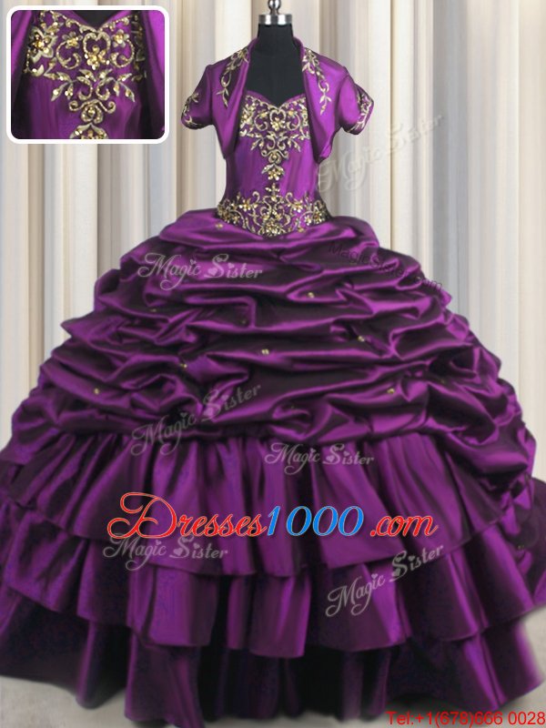 Pick Ups With Train Ball Gowns Sleeveless Purple Quinceanera Dress Brush Train Lace Up