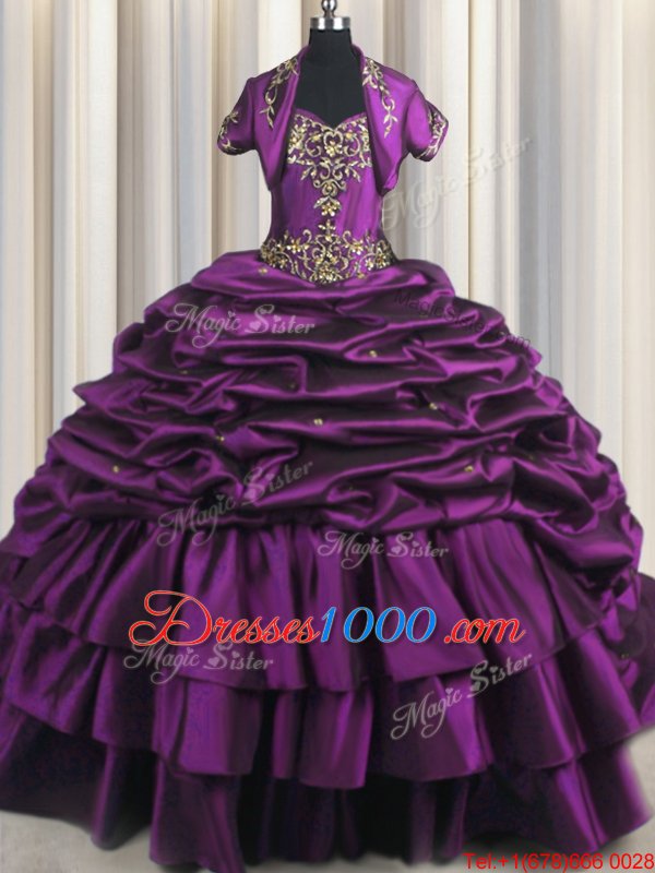 Pick Ups With Train Ball Gowns Sleeveless Purple Quinceanera Dress Brush Train Lace Up