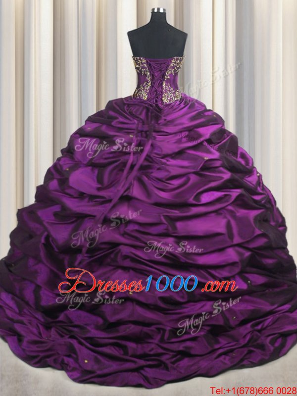 Pick Ups With Train Ball Gowns Sleeveless Purple Quinceanera Dress Brush Train Lace Up