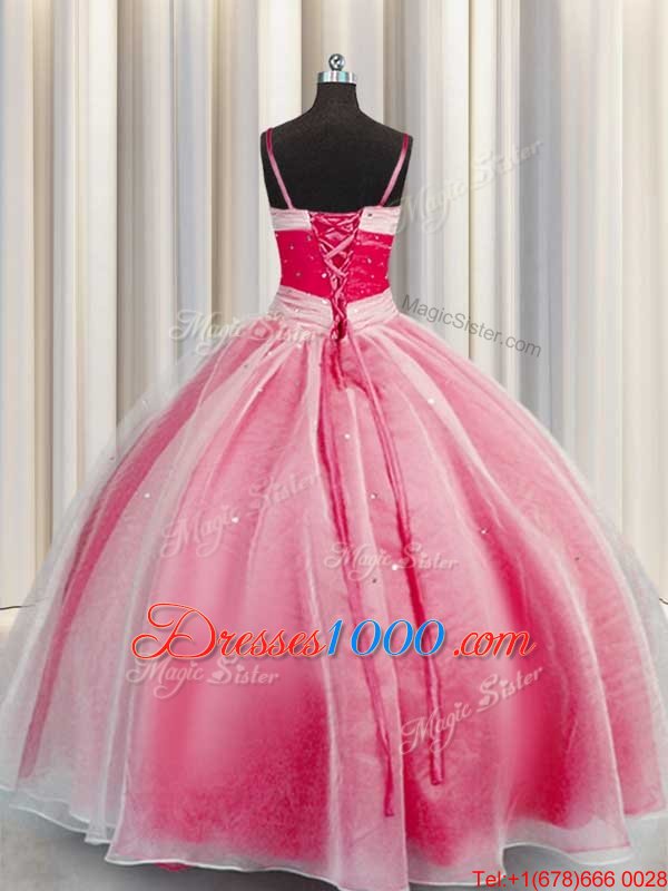 Exquisite Coral Red Sleeveless Beading and Sequins and Ruching Floor Length 15 Quinceanera Dress