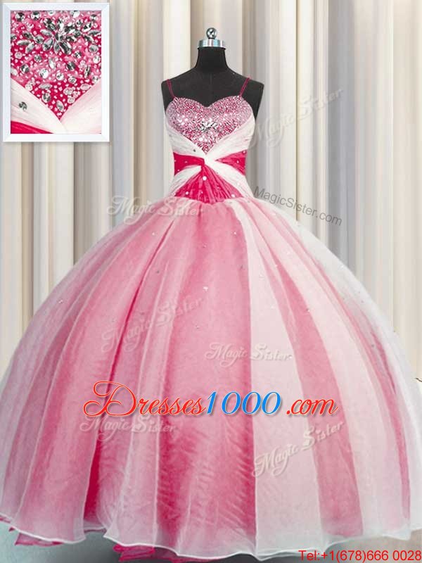 Exquisite Coral Red Sleeveless Beading and Sequins and Ruching Floor Length 15 Quinceanera Dress