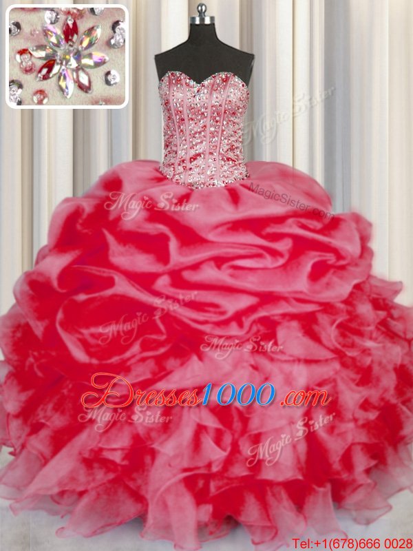 Stunning Sweetheart Sleeveless Sweet 16 Dress Floor Length Beading and Ruffles and Pick Ups Coral Red Organza