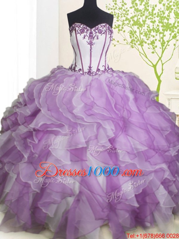 Sleeveless Organza Floor Length Lace Up Quinceanera Gowns in White And Purple for with Beading and Ruffles