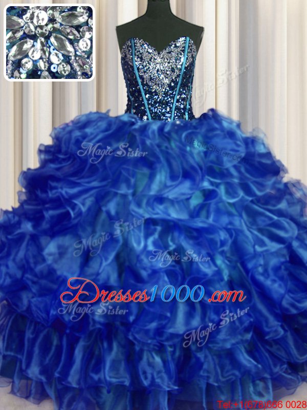 Hot Sale Sweetheart Sleeveless Sweet 16 Dresses Floor Length Beading and Ruffles Royal Blue Organza
