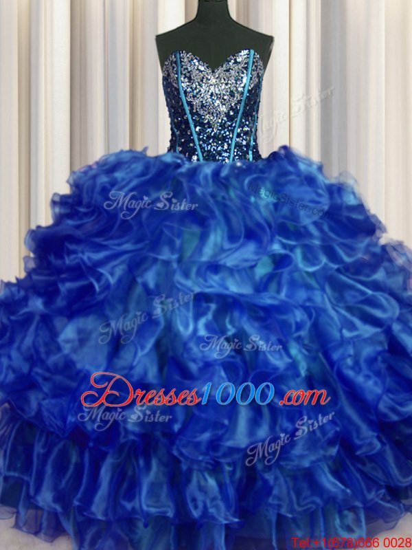 Hot Sale Sweetheart Sleeveless Sweet 16 Dresses Floor Length Beading and Ruffles Royal Blue Organza
