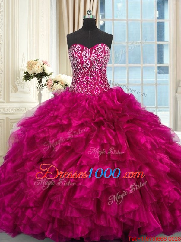 Fuchsia Sleeveless Organza Brush Train Lace Up Vestidos de Quinceanera for Military Ball and Sweet 16 and Quinceanera