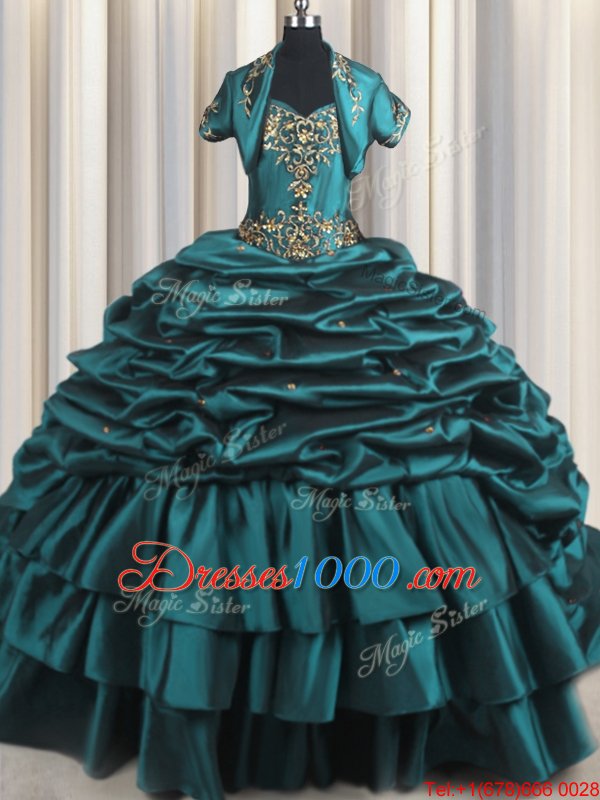 Teal Ball Gowns Beading and Appliques and Pick Ups Quince Ball Gowns Lace Up Taffeta Sleeveless With Train