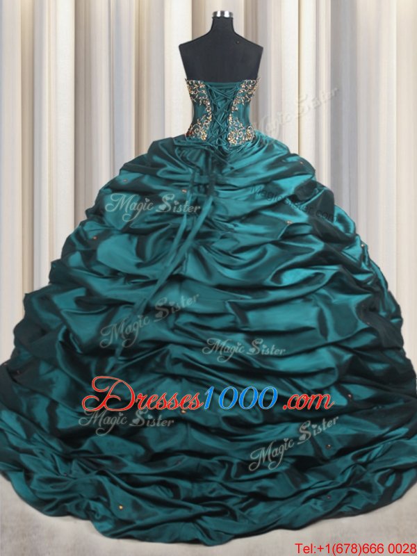 Teal Ball Gowns Beading and Appliques and Pick Ups Quince Ball Gowns Lace Up Taffeta Sleeveless With Train
