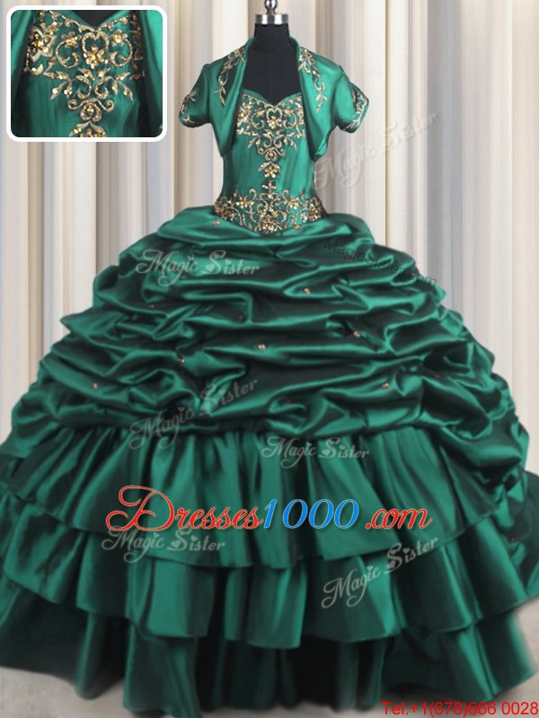 Peacock Green Ball Gowns Taffeta Sweetheart Sleeveless Beading and Appliques and Pick Ups With Train Lace Up Sweet 16 Quinceanera Dress Brush Train