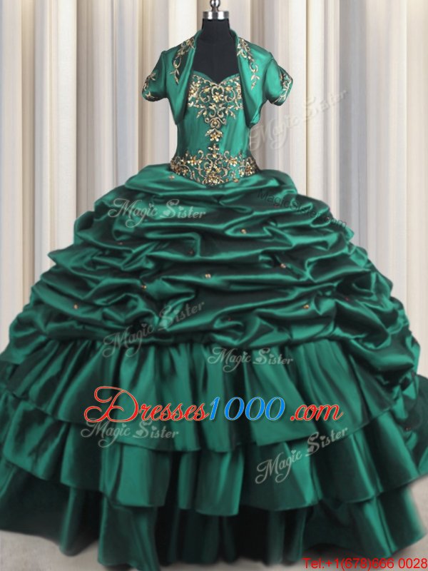 Peacock Green Ball Gowns Taffeta Sweetheart Sleeveless Beading and Appliques and Pick Ups With Train Lace Up Sweet 16 Quinceanera Dress Brush Train