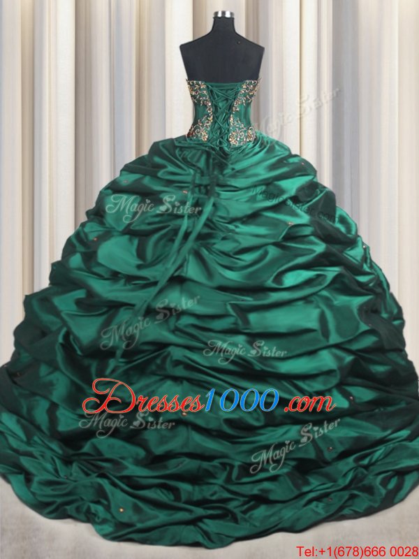 Peacock Green Ball Gowns Taffeta Sweetheart Sleeveless Beading and Appliques and Pick Ups With Train Lace Up Sweet 16 Quinceanera Dress Brush Train