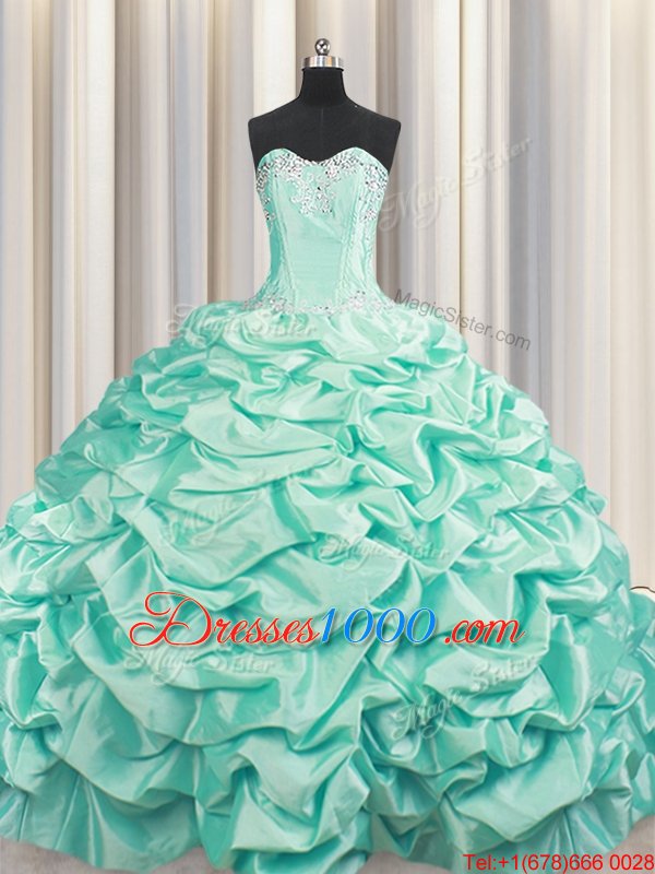 Best Brush Train Sleeveless Floor Length Beading and Pick Ups Lace Up Sweet 16 Dresses with Apple Green