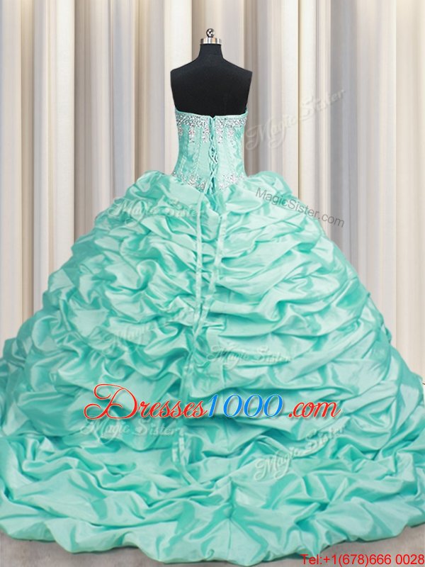 Best Brush Train Sleeveless Floor Length Beading and Pick Ups Lace Up Sweet 16 Dresses with Apple Green