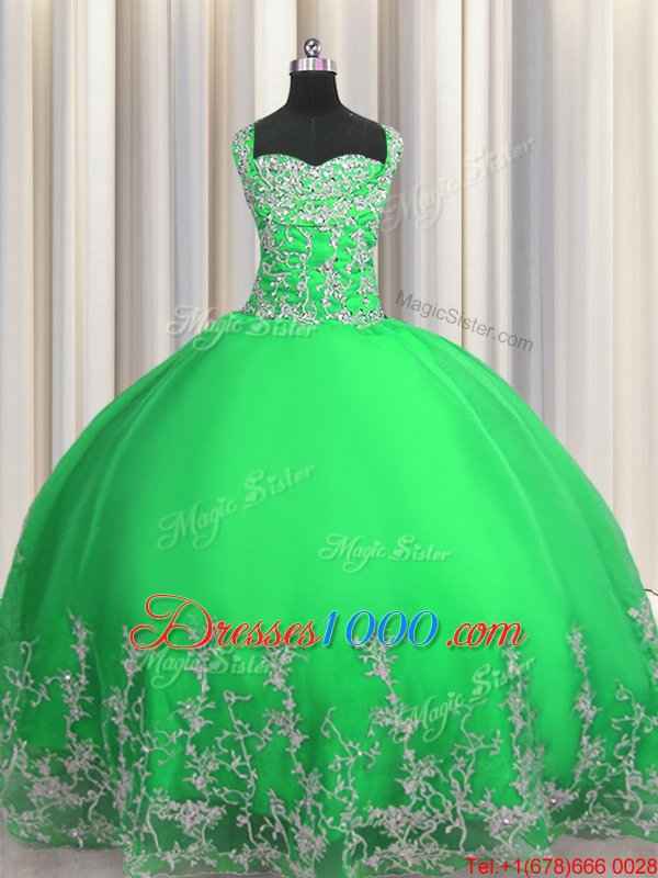 Clearance Apple Green Lace Up Straps Beading and Appliques Quinceanera Dress Tulle Sleeveless