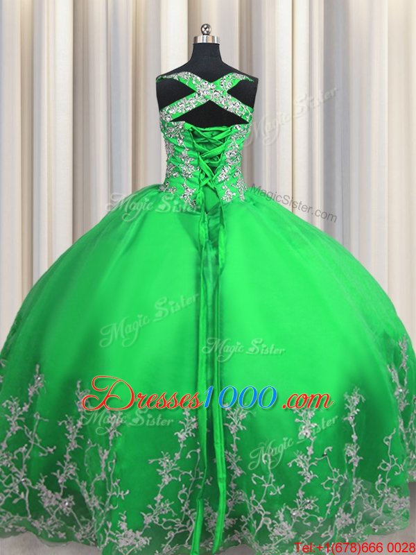 Clearance Apple Green Lace Up Straps Beading and Appliques Quinceanera Dress Tulle Sleeveless