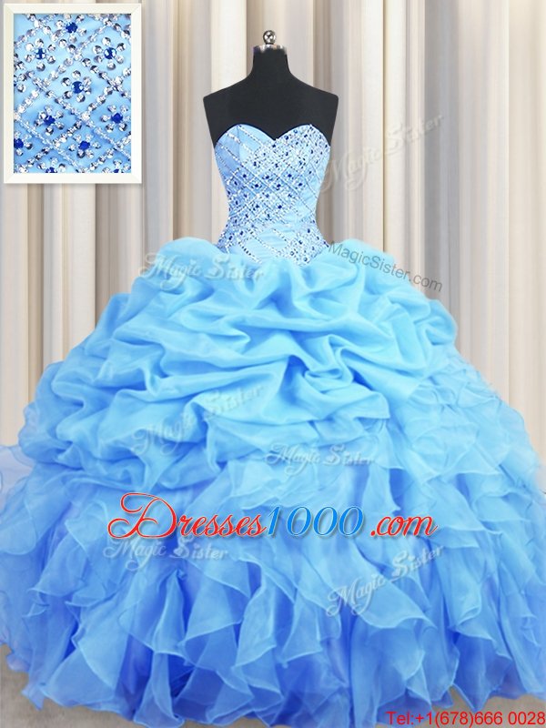 Sumptuous Sweetheart Sleeveless Quinceanera Dress Floor Length Beading and Ruffles and Pick Ups Baby Blue Organza