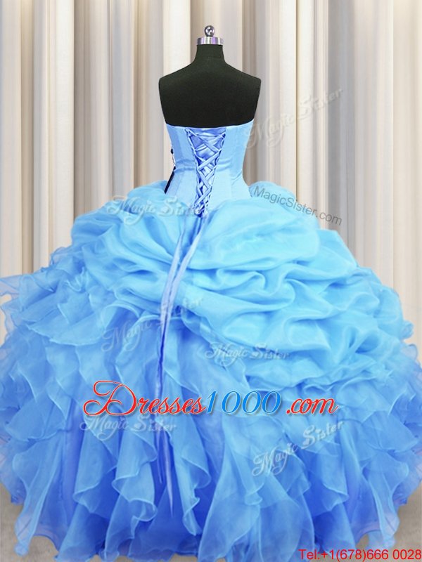 Sumptuous Sweetheart Sleeveless Quinceanera Dress Floor Length Beading and Ruffles and Pick Ups Baby Blue Organza