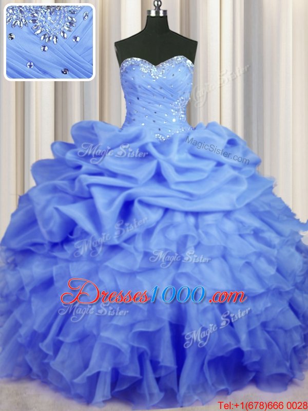 Stunning Blue Sleeveless Floor Length Beading and Ruffles and Ruching and Pick Ups Lace Up 15th Birthday Dress