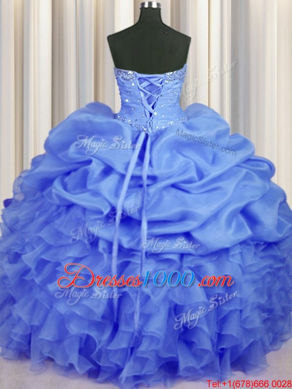 Stunning Blue Sleeveless Floor Length Beading and Ruffles and Ruching and Pick Ups Lace Up 15th Birthday Dress