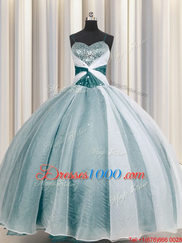Extravagant Spaghetti Straps Floor Length Teal Ball Gown Prom Dress Organza Half Sleeves Beading and Ruching