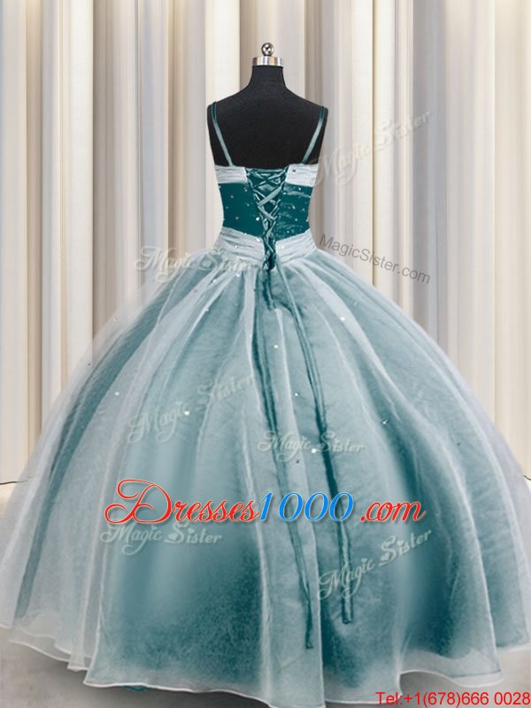 Extravagant Spaghetti Straps Floor Length Teal Ball Gown Prom Dress Organza Half Sleeves Beading and Ruching