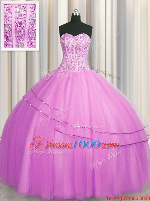 Luxury Visible Boning Really Puffy Lilac Sleeveless Floor Length Beading Lace Up Quinceanera Dress