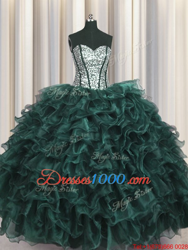 Visible Boning Peacock Green Quinceanera Gowns Military Ball and Sweet 16 and Quinceanera and For with Ruffles and Sequins Sweetheart Sleeveless Lace Up