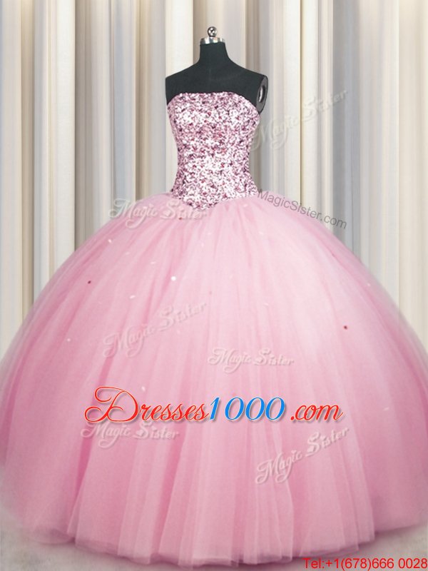 Fashionable Big Puffy Pink Strapless Lace Up Sequins Quinceanera Dresses Sleeveless