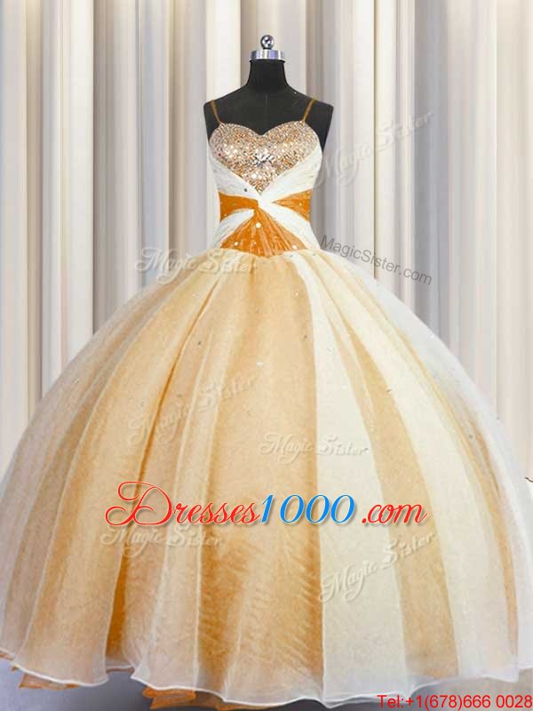 Spaghetti Straps Sleeveless Organza Quinceanera Gowns Beading and Ruching Lace Up