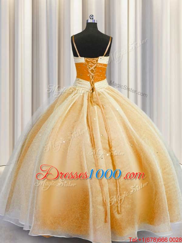 Spaghetti Straps Sleeveless Organza Quinceanera Gowns Beading and Ruching Lace Up