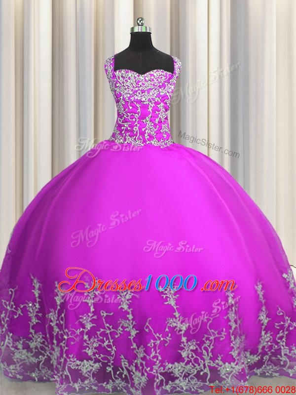 Fabulous Purple Straps Neckline Beading and Appliques Quince Ball Gowns Sleeveless Lace Up