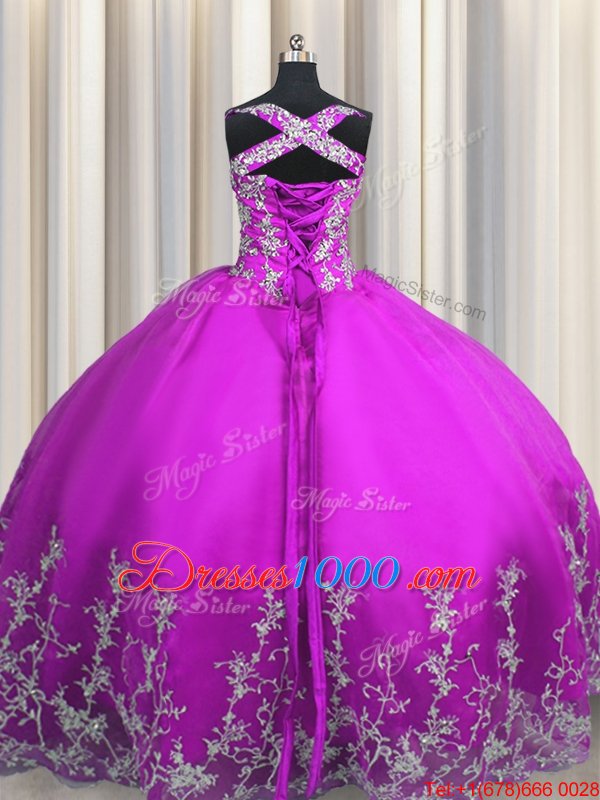 Fabulous Purple Straps Neckline Beading and Appliques Quince Ball Gowns Sleeveless Lace Up