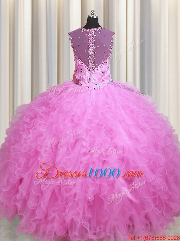 Beauteous See Through Zipper Up Sleeveless Tulle Floor Length Zipper Sweet 16 Dresses in Rose Pink for with Beading and Ruffles