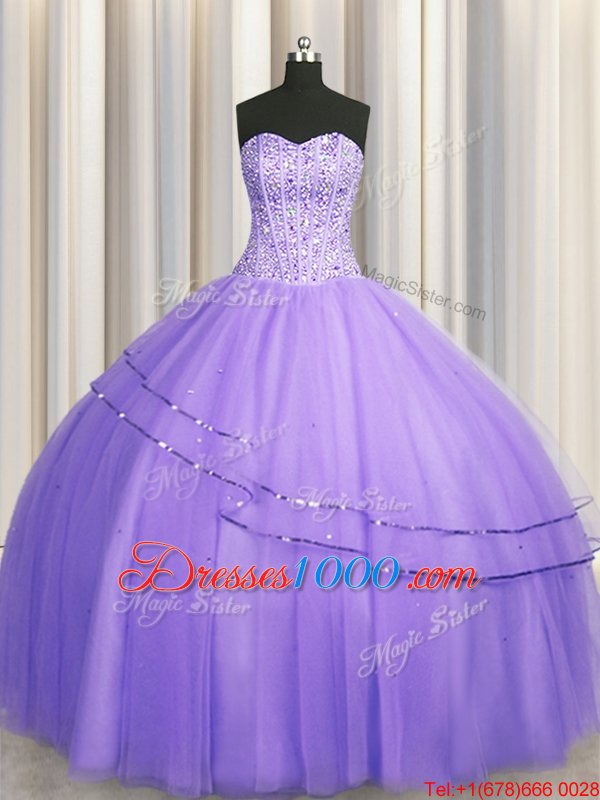 Fancy Visible Boning Big Puffy Sleeveless Tulle Floor Length Lace Up Quince Ball Gowns in Lavender for with Beading